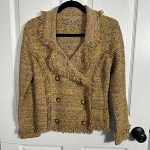 One Girl Who double breasted sweater/blazer. Stretchy, spring, knit, fringe, Y2K